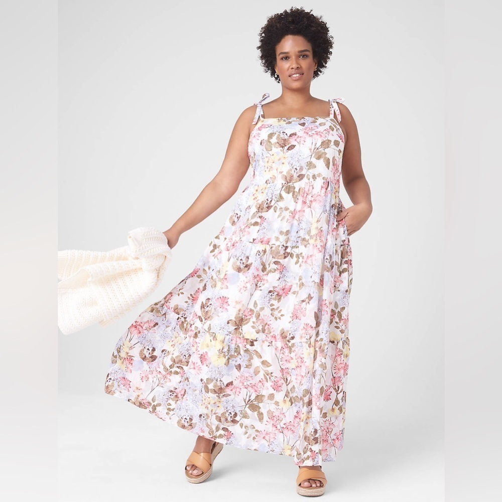 Lane Bryant Tie-Strap Tiered Floral Maxi Dress Pockets Size 22 Feminine